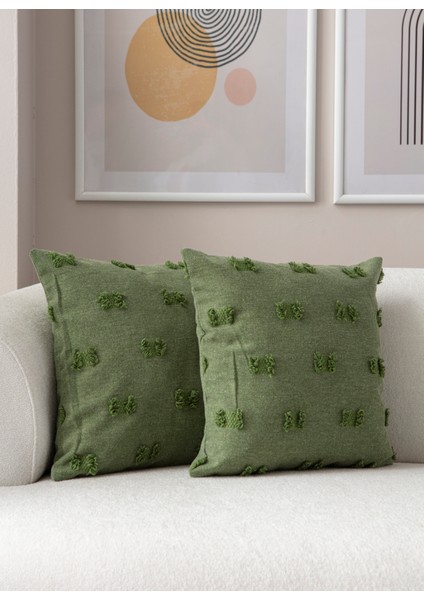Home Ikili Dekoratif Puantiye Keten Kumaşlı Kırlent Kılıfı 43X43 Yeşil