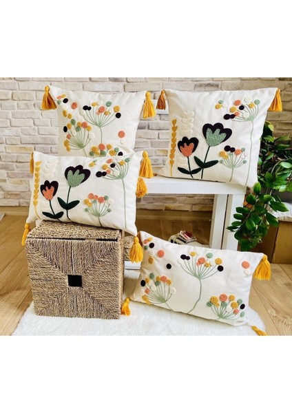 Home Home Design 4'lü Kombin Punch Işlemeli Kırlent Kılıfı (Panç)