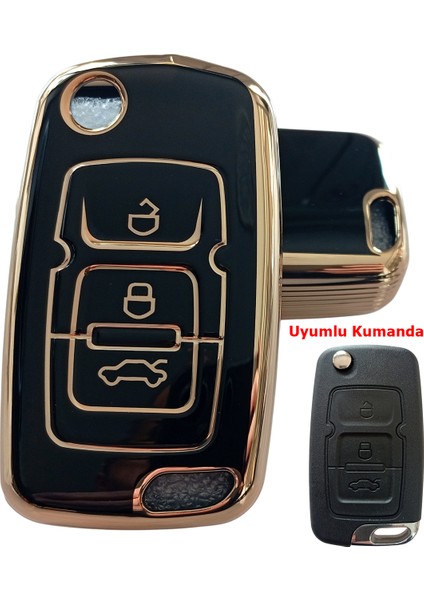 Geely Emgrand Uyumlu Nano Anahtar Kılıfı Kumanda Kılıfı Oto Anahtarlık Siyah Gold
