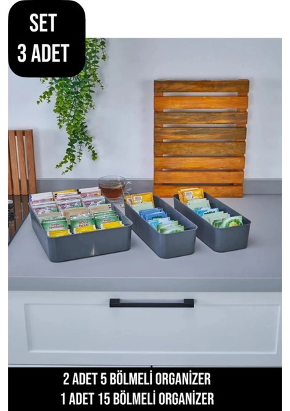 Şık 3'lü Set Organizer | 2 Adet 5 Bölmeli,1 Adet 15 Bölmeli Saat,takı,çorap Çekmece Düzenleyici