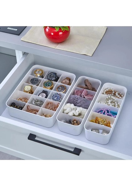 Şık 3'lü Set Organizer | 2 Adet 5 Bölmeli,1 Adet 15 Bölmeli Saat,takı,çorap Çekmece Düzenleyici