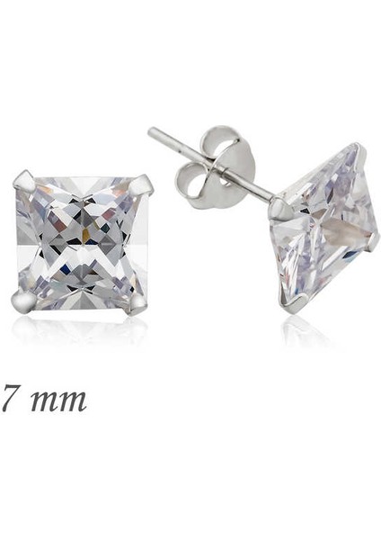 925 Ayar Gümüş Kare Tek Taş Zirkon Küpe - 7 mm