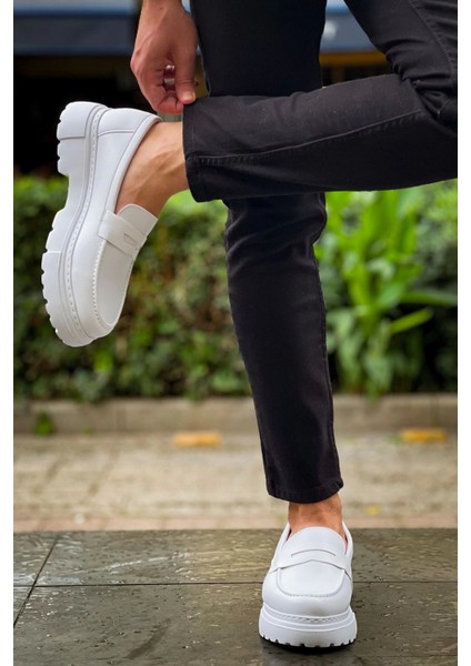 SHO2417 Bağcıksız Kalın Taban Fbt Erkek Loafer Ayakkabı Beyaz