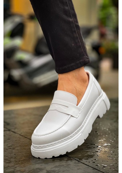SHO2417 Bağcıksız Kalın Taban Fbt Erkek Loafer Ayakkabı Beyaz