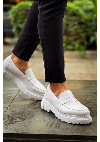 SHO2417 Bağcıksız Kalın Taban Fbt Erkek Loafer Ayakkabı Beyaz indirimleri