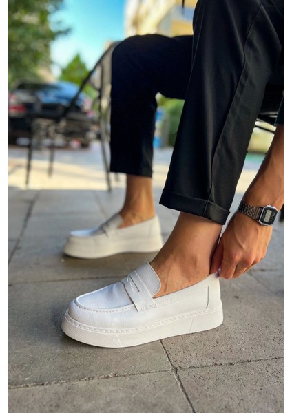 SHO421 Bağcıksız Yüksek Taban Bandera Erkek Loafer Ayakkabı Beyaz fiyatları