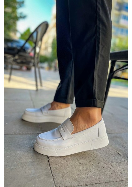 SHO421 Bağcıksız Yüksek Taban Bandera Erkek Loafer Ayakkabı Beyaz modelleri