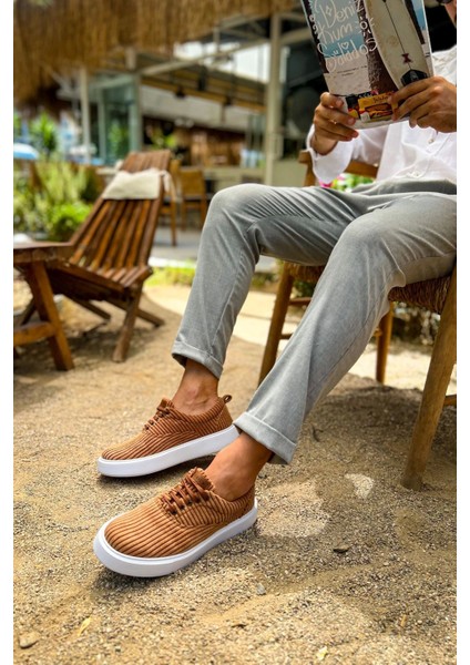 SHO173 Bağcıklı Yüksek Taban Fitilli Kbt Velluto Erkek Ayakkabı Taba