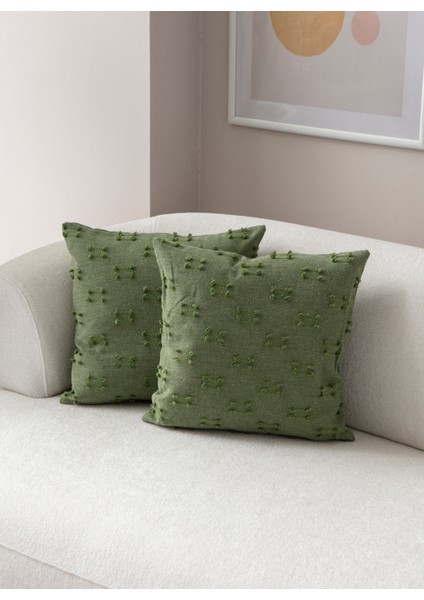 Home Ikili Dekoratif Puantiye Keten Kumaşlı Kırlent Kılıfı 43X43 Yeşil