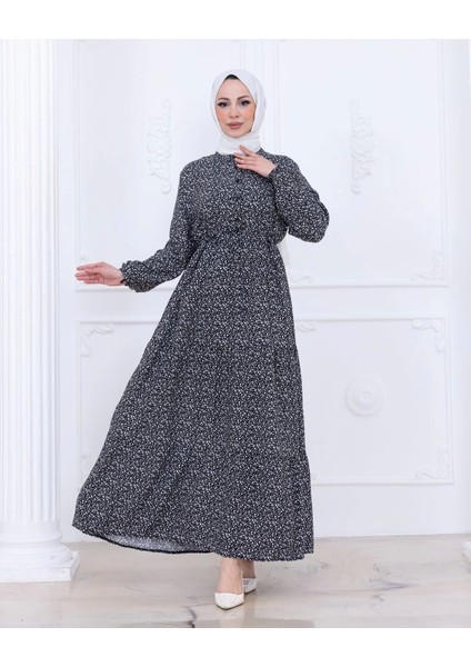 Çiçek Desen Düğmeli Elbise