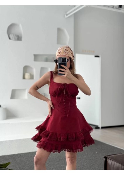 Mini Askılı Elbise - Bordo