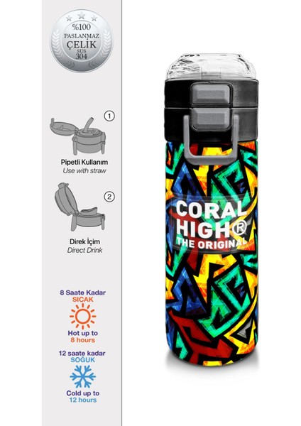 Kids Siyah Grafiti Desenli Pipetli ve Direkt Içim Çelik Termos 500 ml 31847 fiyatları