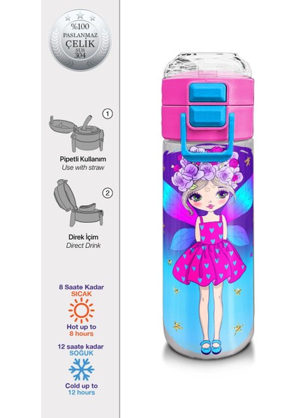 Kids Pembe Mavi Peri Desenli Pipetli ve Direkt Içim Çelik Termos 500 ml 31803 fiyatları