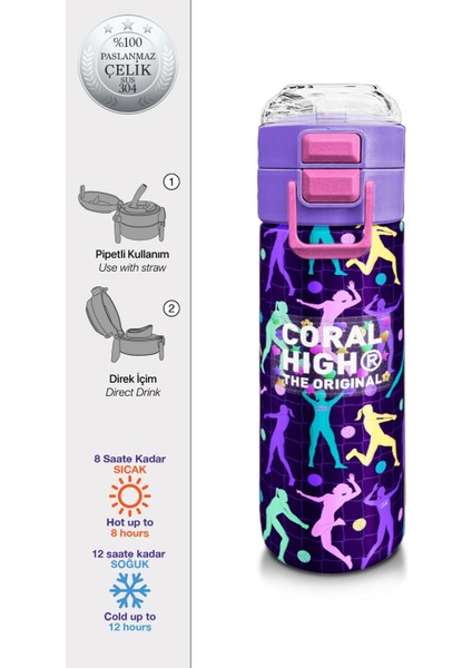 Kids Mor Voleybol Desenli Pipetli ve Direkt Içim Çelik Termos 500 ml 31849 fiyatları