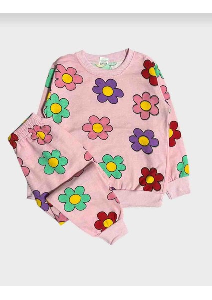 Kız Çocuk Pembe Çiçek Desenli Uzun Kollu Pijama Takımı