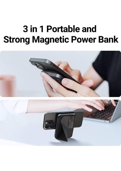 10.000 mAh Magsafe Powerbank Trio Standlı Pd Hızlı Şarj Özellikli 15W Siyah