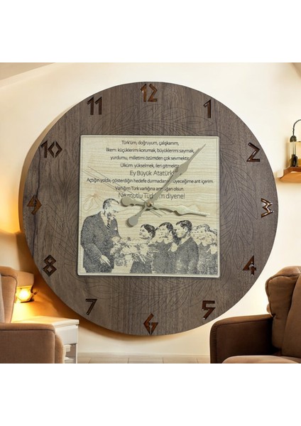 Ahşap Desen Duvar Saati - Andımız - Epoksi Reçine Kaplamalı - 40 cm