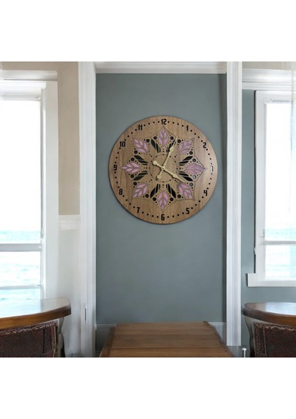 Ahşap Desen Duvar Saati - Mandala Deseni - Epoksi Reçine Kaplamalı 40 cm