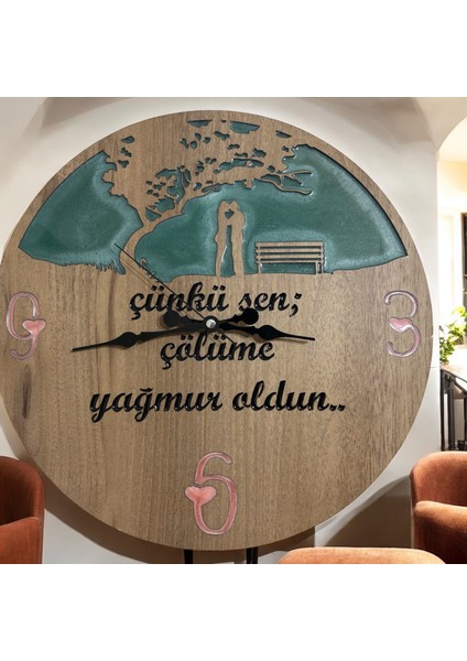 Ahşap Desen Duvar Saati - Çünkü Sen - Epoksi Reçine Kaplamalı - 40 cm