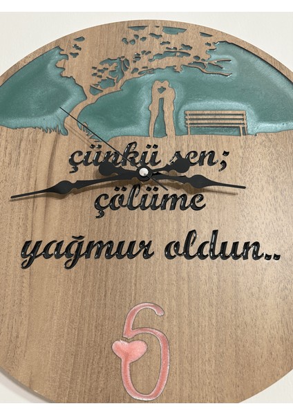 Ahşap Desen Duvar Saati - Çünkü Sen - Epoksi Reçine Kaplamalı - 40 cm