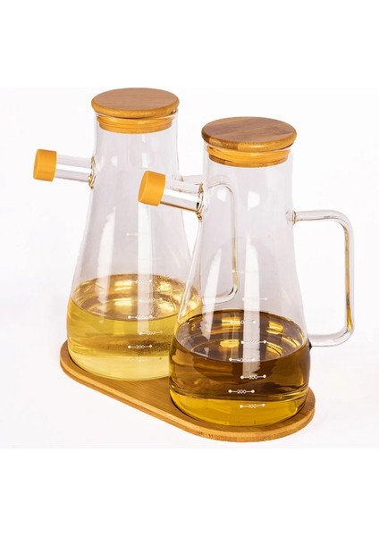 Cam Borosilikat Bambu Kapaklı Yağdanlık 1 Lt Ikili Set - Ahşap Stand Hediye