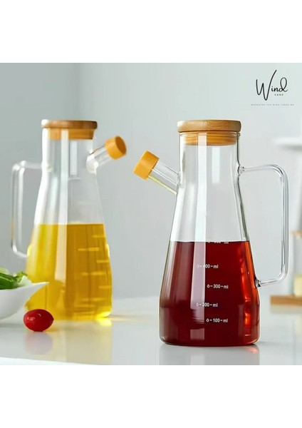 Cam Borosilikat Bambu Kapaklı Yağdanlık 1 Lt Ikili Set - Ahşap Stand Hediye