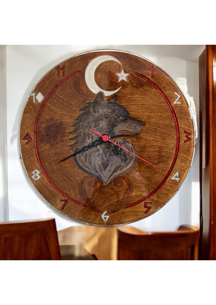 Ahşap Duvar Saati - Bozkurt - Epoksi Reçine Kaplamalı - 30 cm