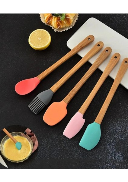 5'li Renkli Ahşap Saplı Silikon Uçlu Spatula Fırçalı Kaşık Seti -Yemek Hazırlık Seti 21 cm