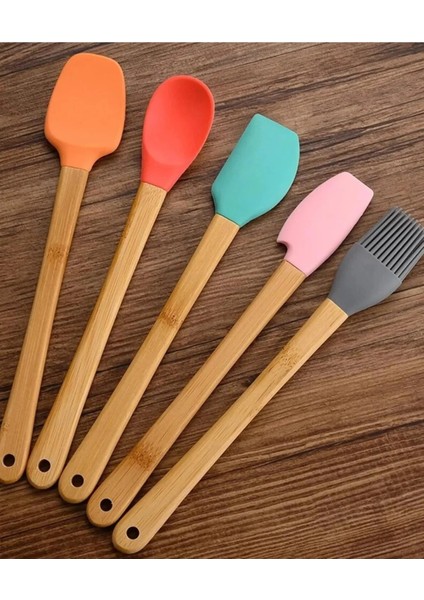 5'li Renkli Ahşap Saplı Silikon Uçlu Spatula Fırçalı Kaşık Seti -Yemek Hazırlık Seti 21 cm