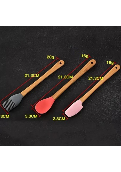 5'li Renkli Ahşap Saplı Silikon Uçlu Spatula Fırçalı Kaşık Seti -Yemek Hazırlık Seti 21 cm