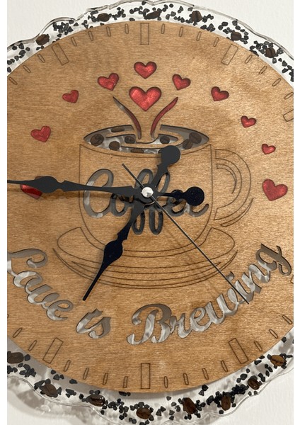 Ahşap Duvar Saati - Coffee Love Is Brewing - Epoksi Reçine Kaplamalı - 30 cm modelleri
