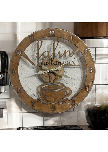 Ahşap Duvar Saati - Türk Kahvesi, Falın Fallanmış Şeffaf - Epoksi Reçine Kaplamalı - 30 cm
