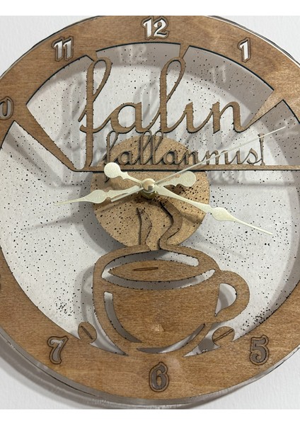 Ahşap Duvar Saati - Türk Kahvesi, Falın Fallanmış Şeffaf - Epoksi Reçine Kaplamalı - 30 cm