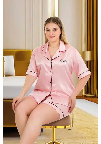 Pudra Üstü Düğmeli Saten Sort Pijama Takımı