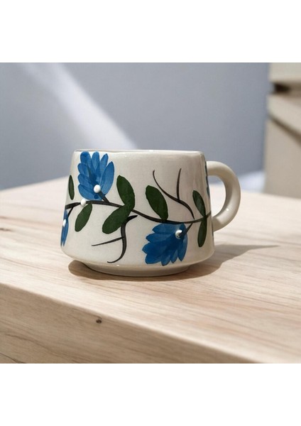 El Yapımı Seramik Kupa - Mavi Üzüm Bağı -180 ml