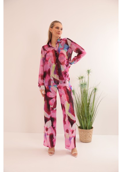 Saten Kumaş Sulu Boya Efektli Çiçek Desen Kadın Pantolon-Fuşya fiyatları