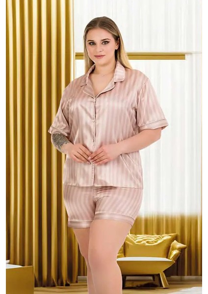 Sütlü Kahve Üstü Düğmeli Saten Sort Pijama Takımı