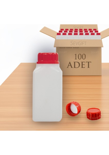 Plastik Kare Numune Saklama Şişesi 250 ml Kırmızı Kapaklı | Kimyasala Dayanıklı (100'LÜ Paket)