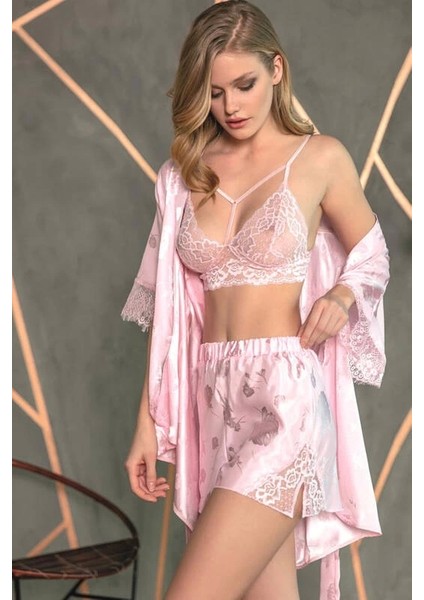 Bride Baskılı Sabahlıklı Saten Şort Takım 4777