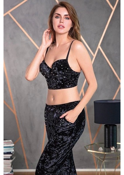 Siyah Inci Detaylı Büstiyerli Kadife Pijama Takımı 4154