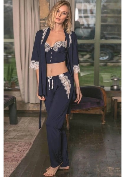 Lacivert Dantel Detaylı Büstiyerli Pijama Sabahlık Takımı 4788