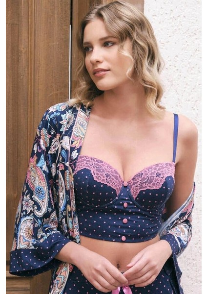 Viskon Sabahlık Balenli Destekli Dolgulu Dantelli Büstiyer Sütyen ve Pantolon Pijama 3'lü Takım 5657
