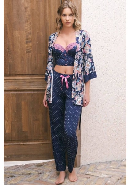 Viskon Sabahlık Balenli Destekli Dolgulu Dantelli Büstiyer Sütyen ve Pantolon Pijama 3'lü Takım 5657