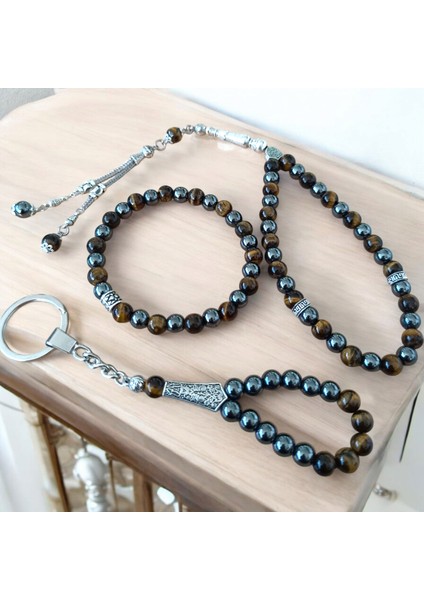 Kaplan Gözü Hematit Doğal Taş Bileklik - Doğal Taş Tesbih - Doğal Taş Anahtarlık - Hediye Setleri
