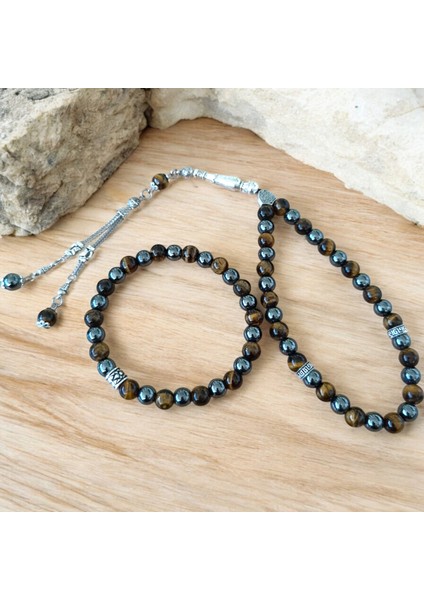 Doğal Taş Bileklik - Doğal Taş Tesbih 2 Adet Hematit Taşı Kaplan Gözü Taşı Seti 33 Lük Erkek Tesbih