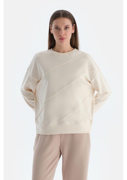 Ekru Kadın Modal Biye Detaylı Sweatshırt