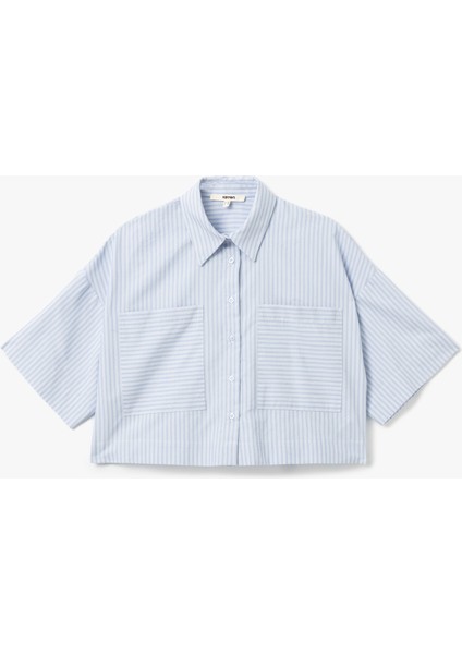 Aplike Cep Detaylı Kısa Kollu Oversize Crop Gömlek modelleri