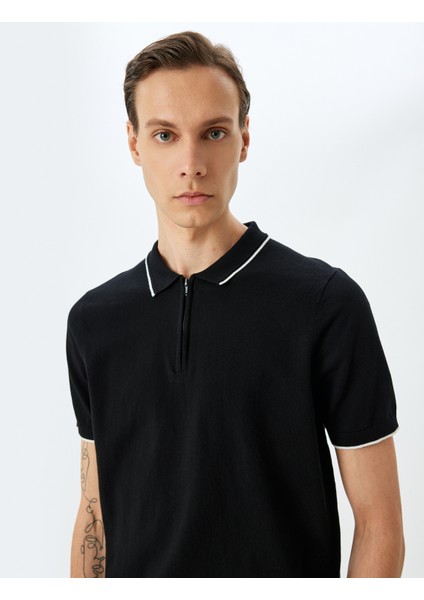 Yarım Fermuarlı Yaka Detaylı Pamuklu Kısa Kollu Triko Kazak