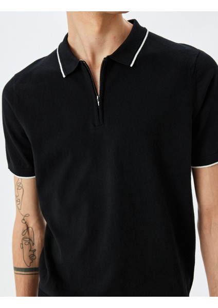 Yarım Fermuarlı Yaka Detaylı Pamuklu Kısa Kollu Triko Kazak indirimleri