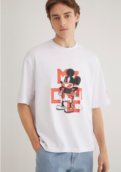Mickey Mouse Baskılı Beyaz Tişört 0612561-620